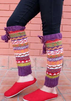 Multicolor Hand Knitted Purple Border Winter Legwarmers