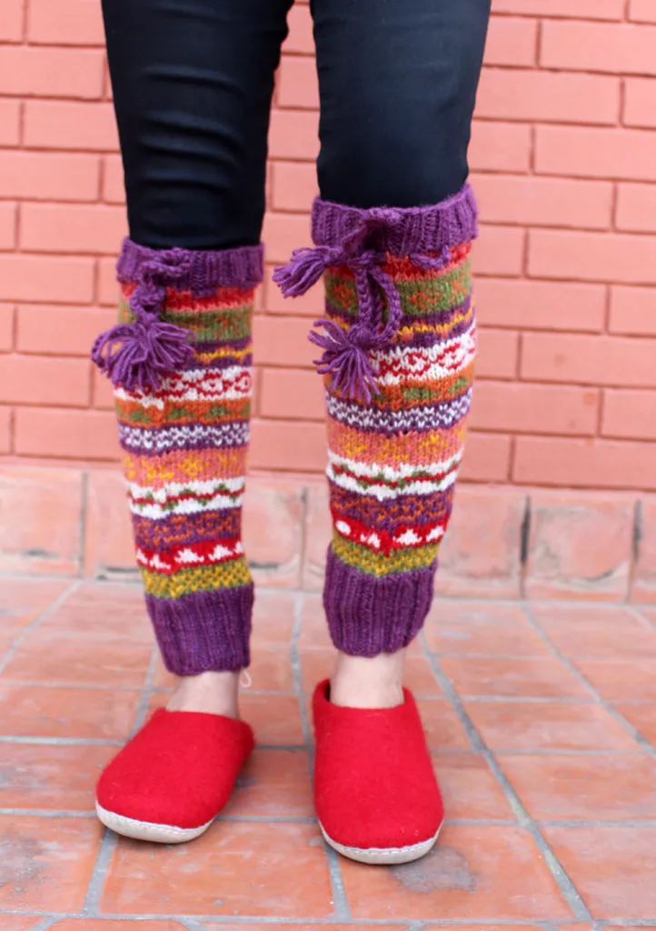 Multicolor Hand Knitted Purple Border Winter Legwarmers