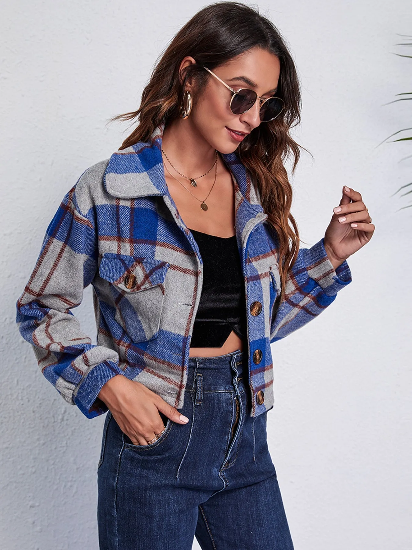 Plaid Cropped Button Down Flannel Style Plaid Jacket