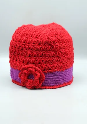 Purple Border Flower Attached Red Warm Crocheted Woolen Beanie