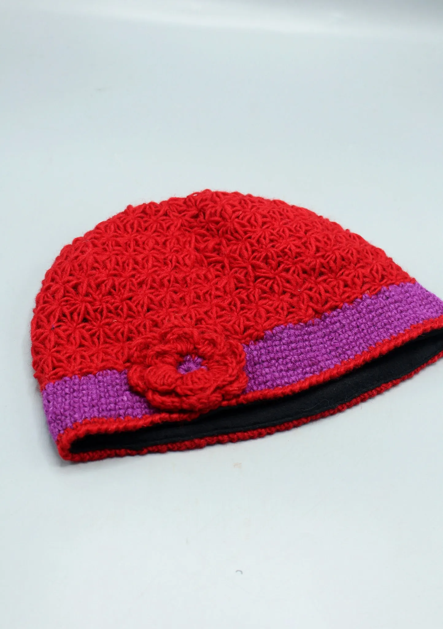 Purple Border Flower Attached Red Warm Crocheted Woolen Beanie