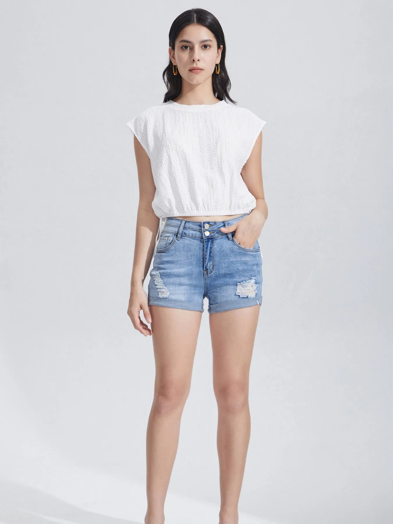 Ripped Button Pocket Skinny Denim Shorts