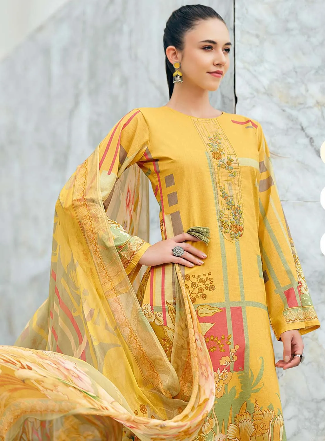 Sadhana Yellow Unstitched Pashmina Winter Suit Material for Ladies