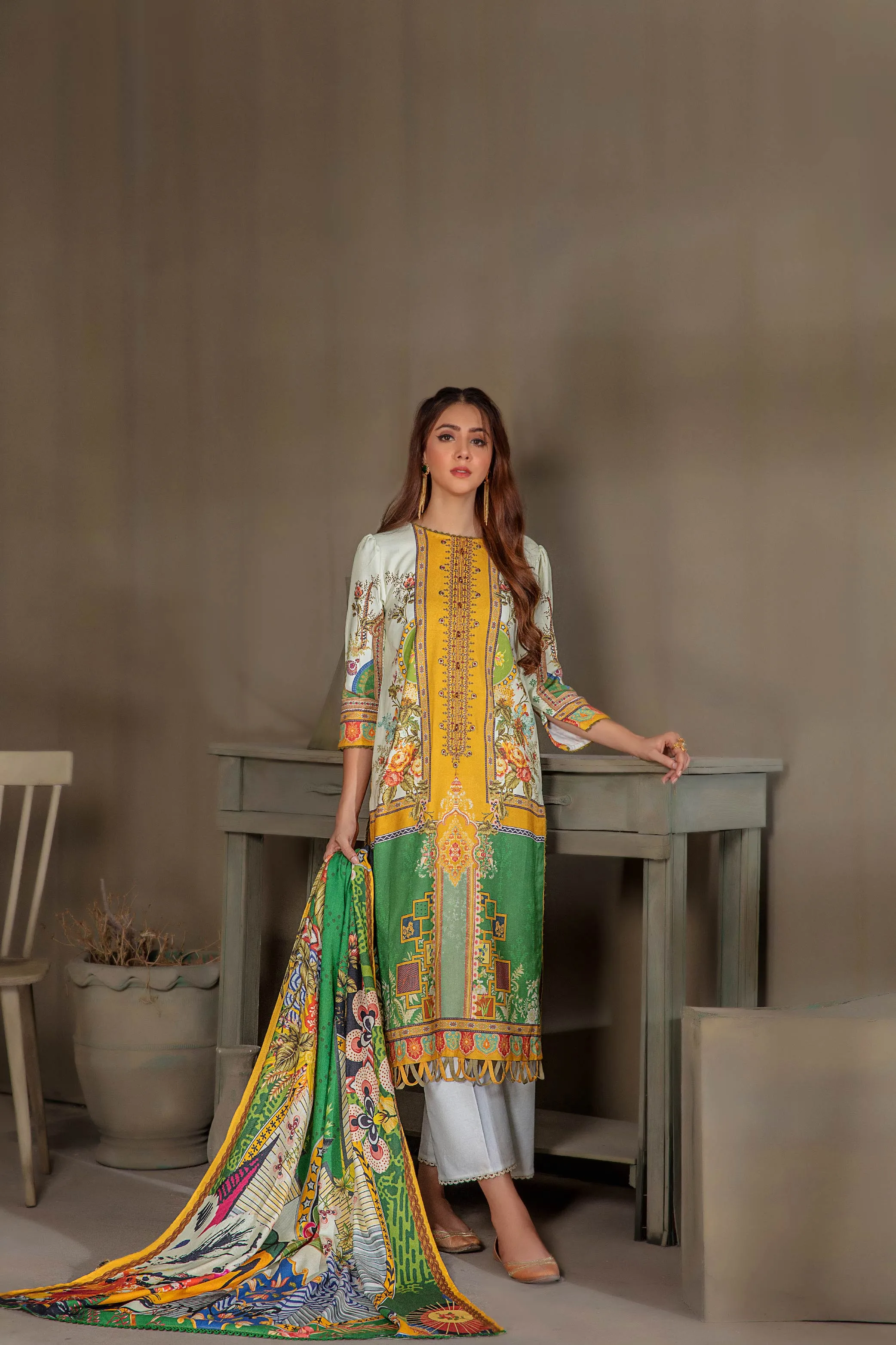 Sana & Samia by Lala Embroidered Woolen Print Collection – Citrine