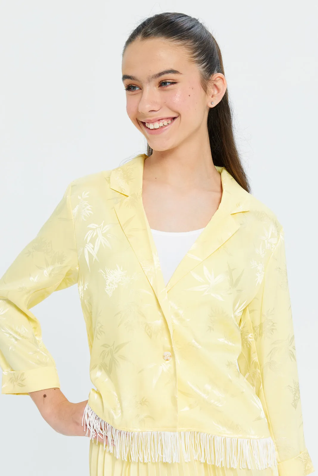 Senior Girls Yellow Jacquard Blazer With Tassels