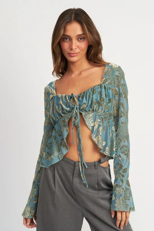 SHIRRING TIE TOP WITH LONG SLEEVE