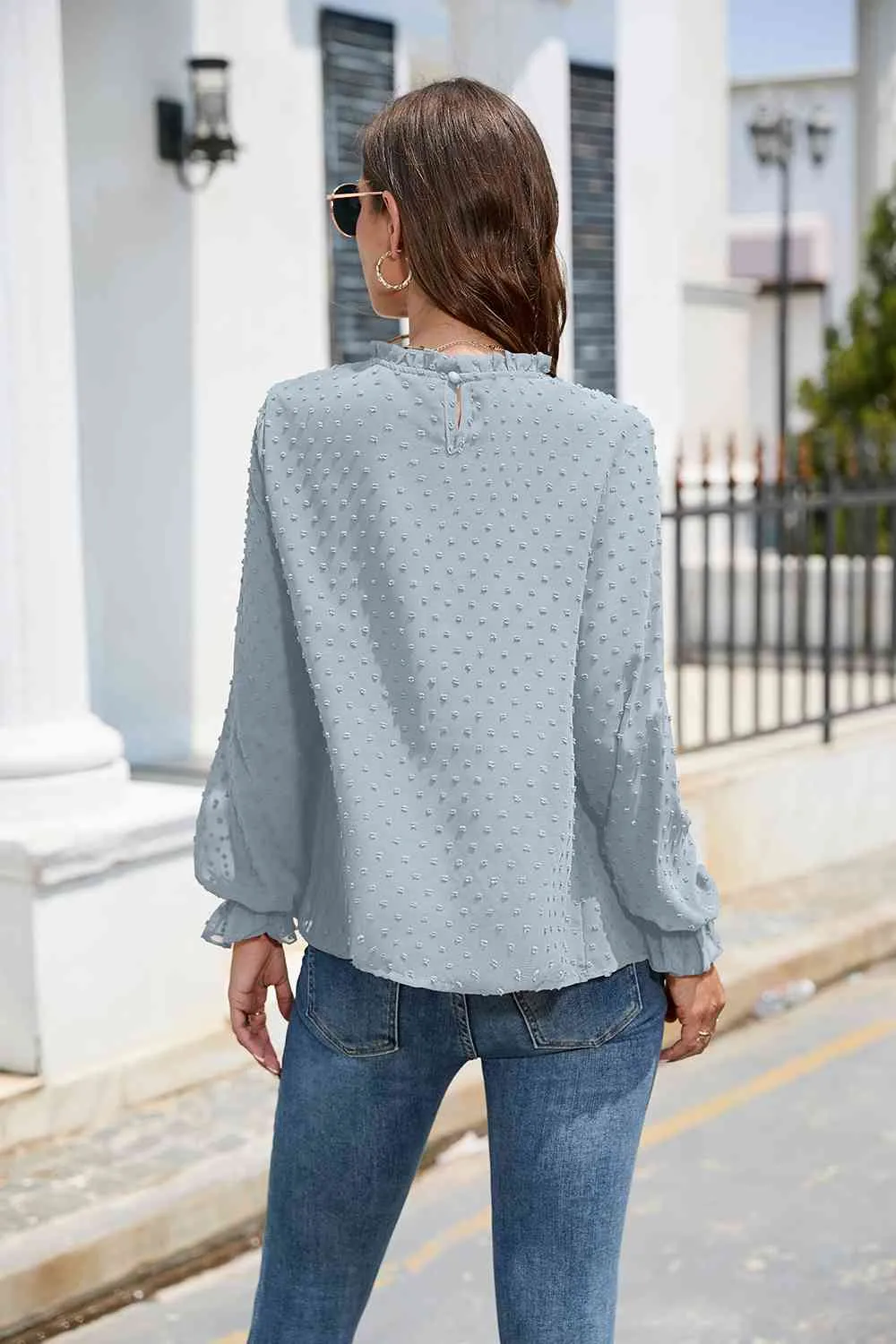 Smocked Mock Neck Swiss Dot Top