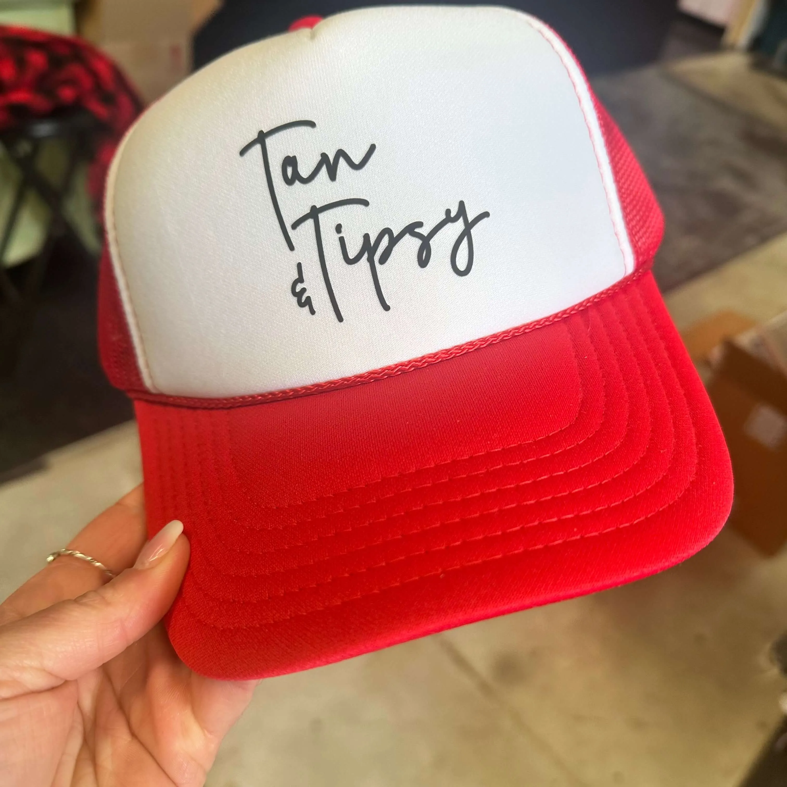 Tan & Tipsy Red & White Trucker Hat