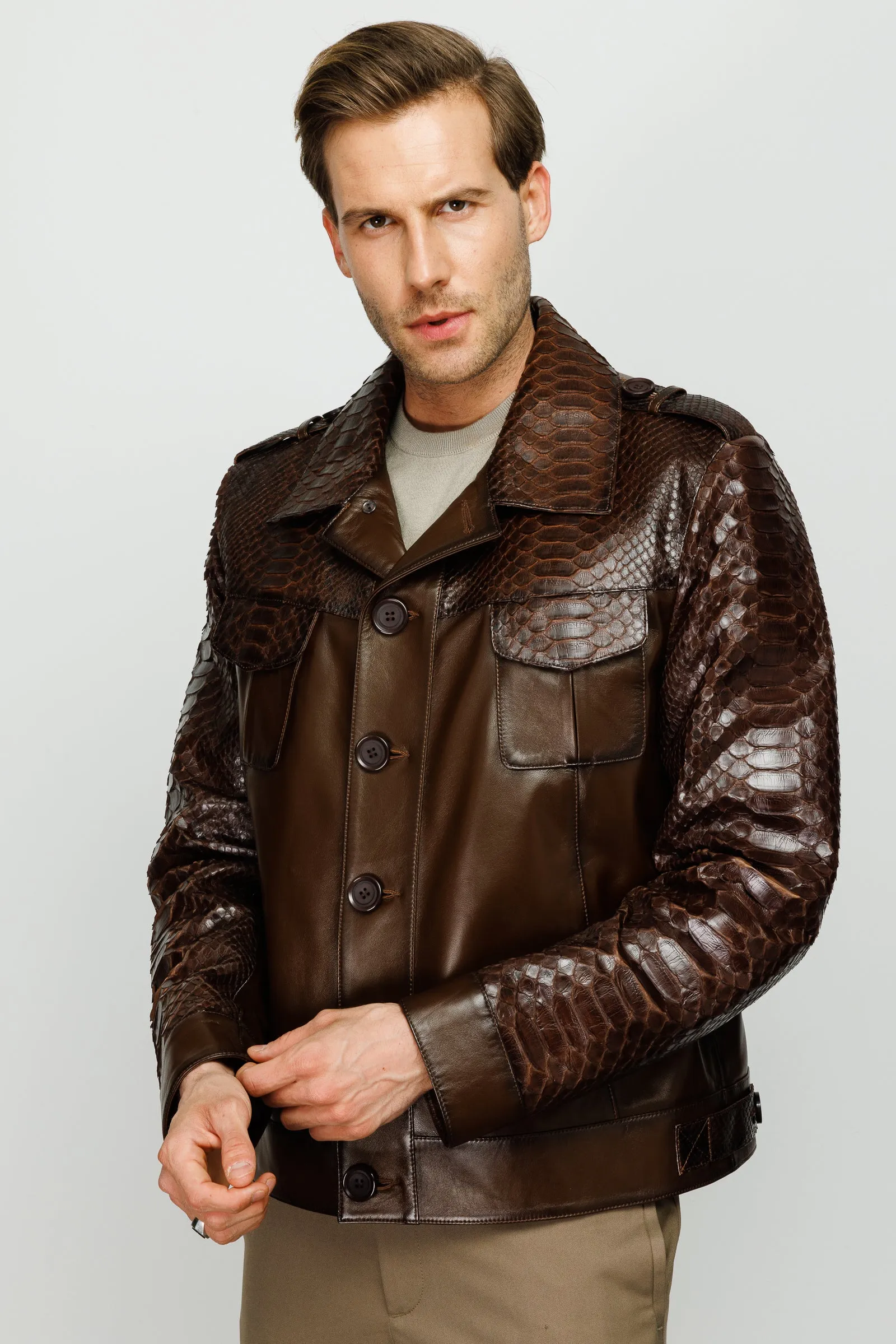 The Manteca Pythn Skin Brown Leather Men Jacket