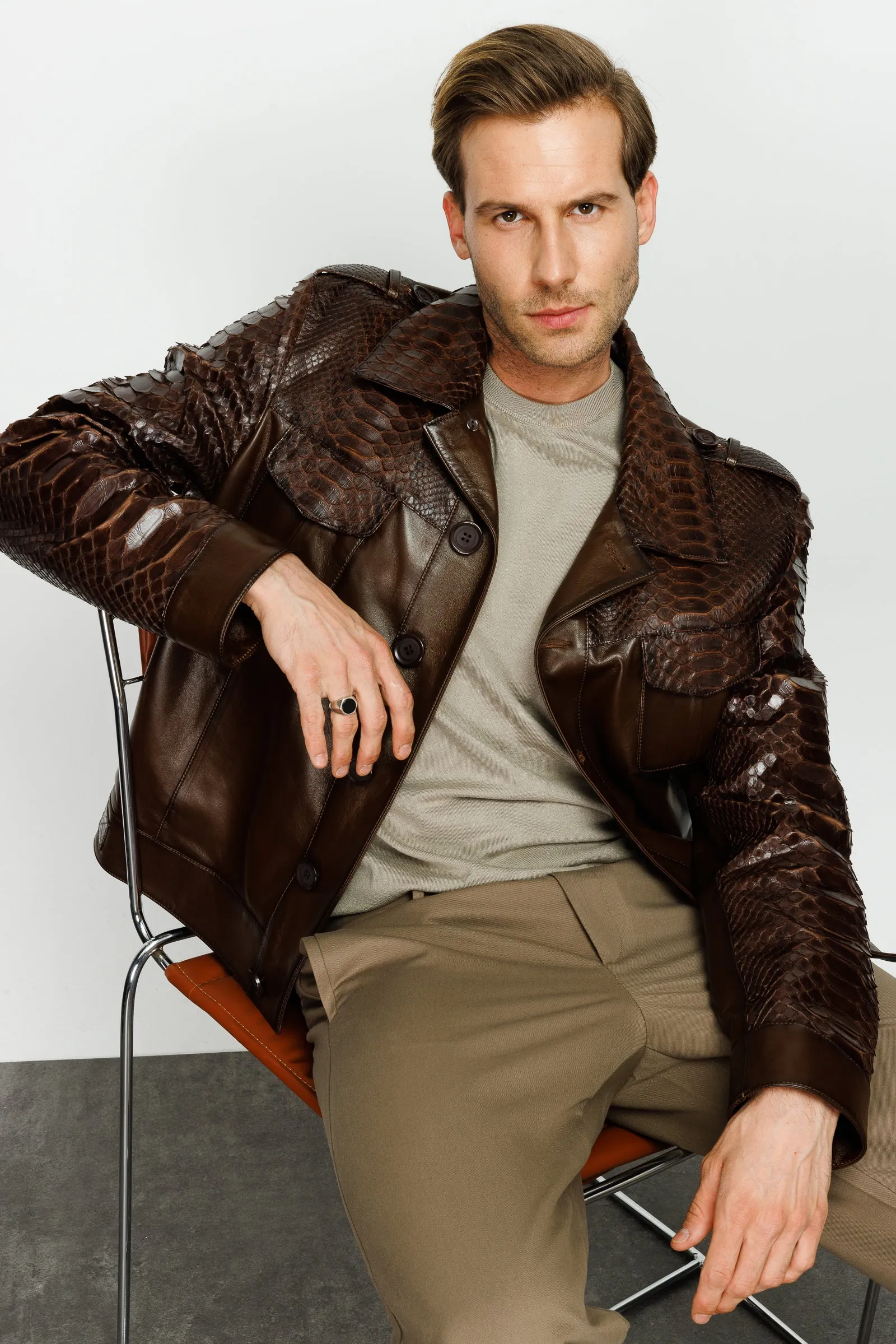 The Manteca Pythn Skin Brown Leather Men Jacket