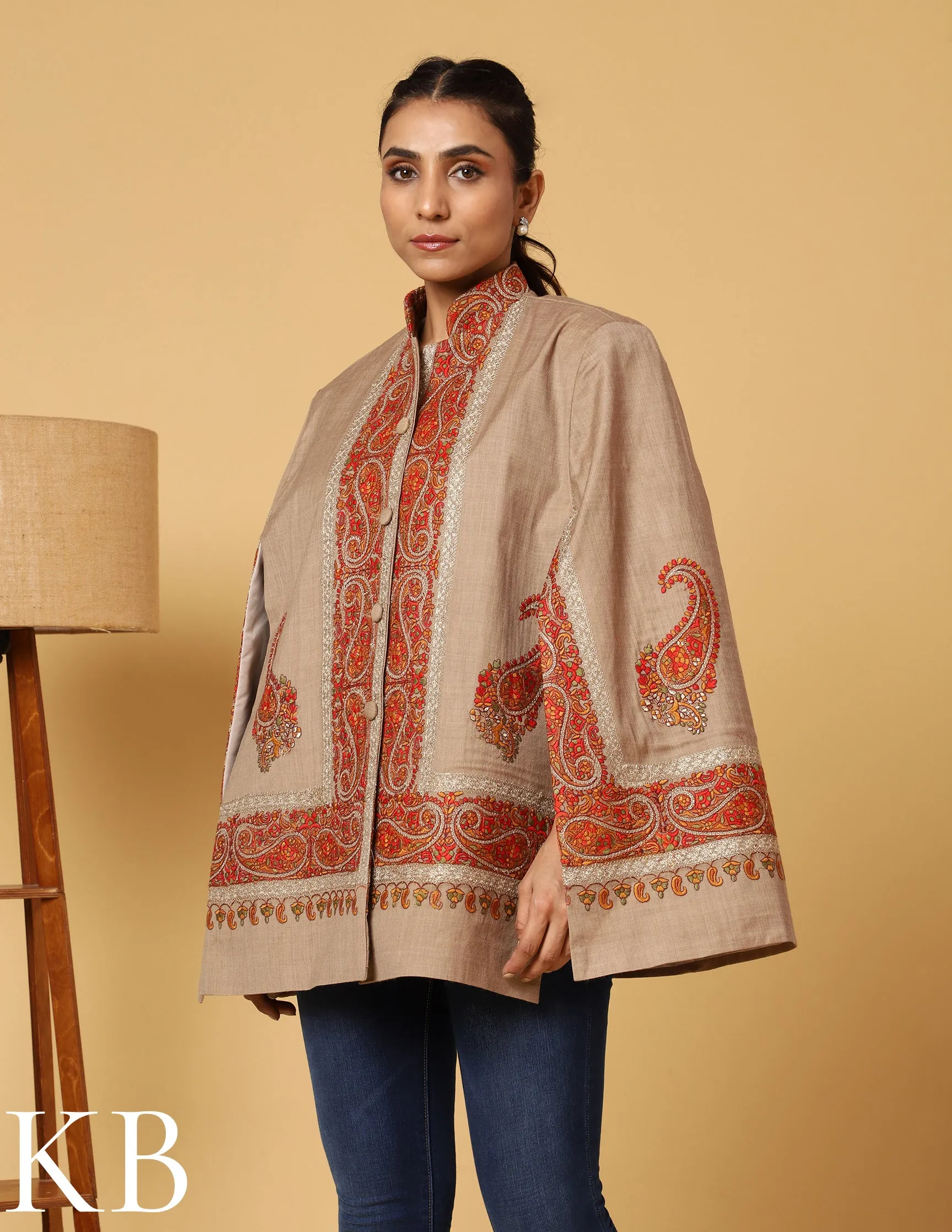 The Oxford Tan Sozni Zari Embroidered Woolen Cape Jacket