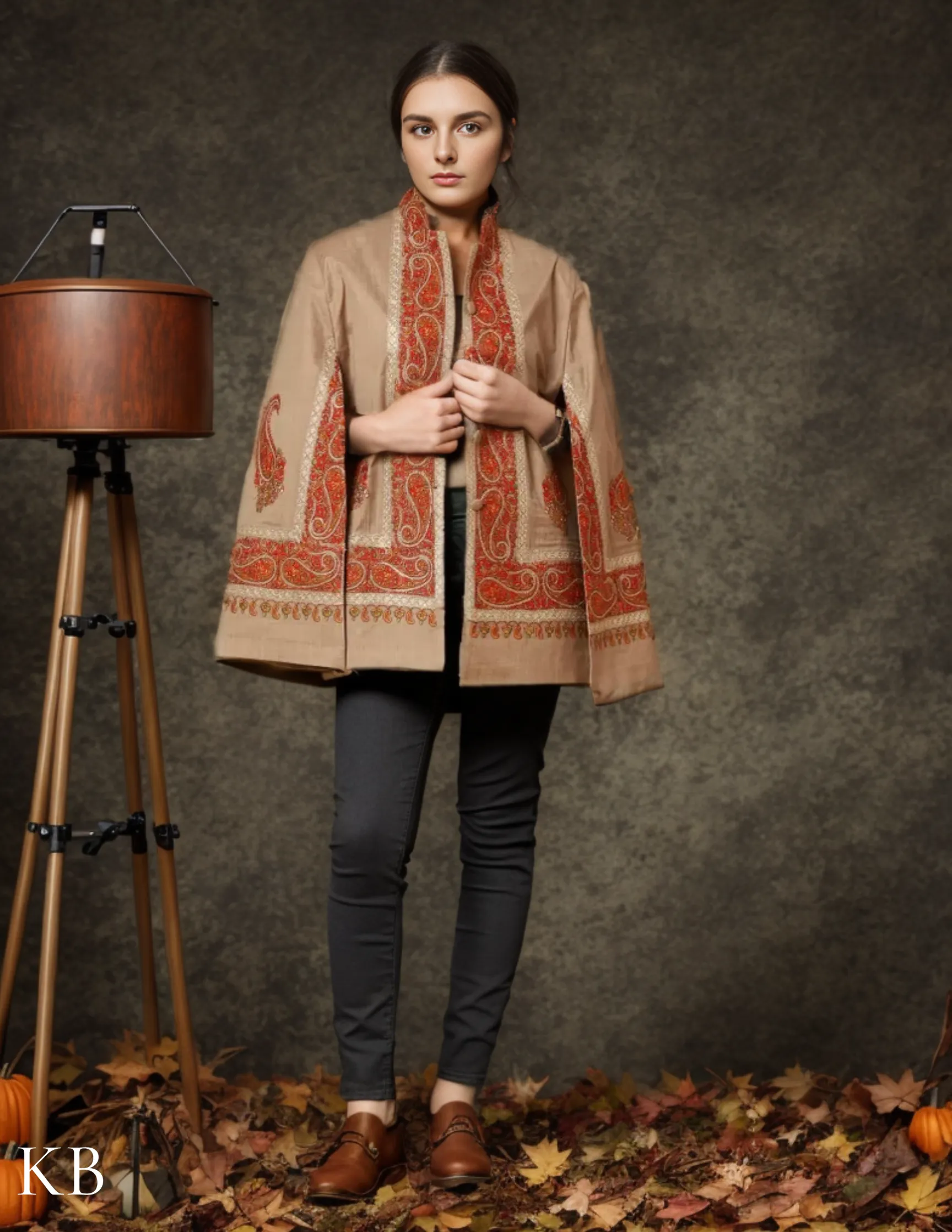 The Oxford Tan Sozni Zari Embroidered Woolen Cape Jacket