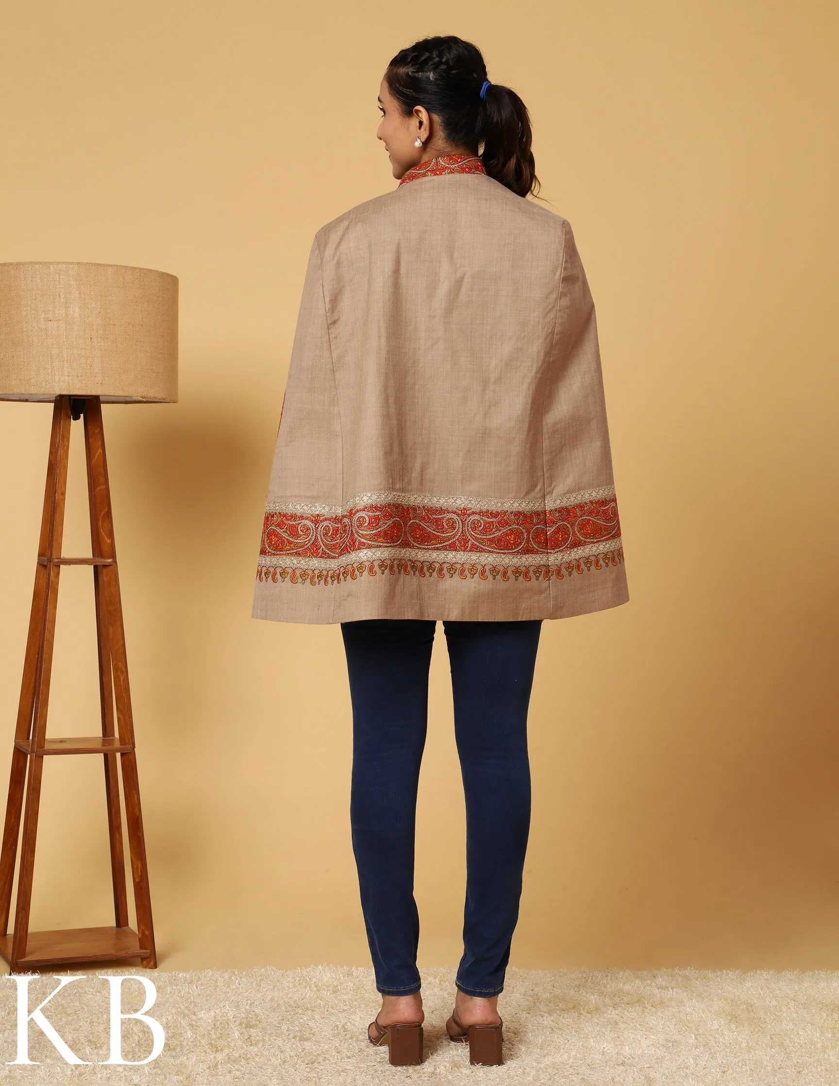 The Oxford Tan Sozni Zari Embroidered Woolen Cape Jacket