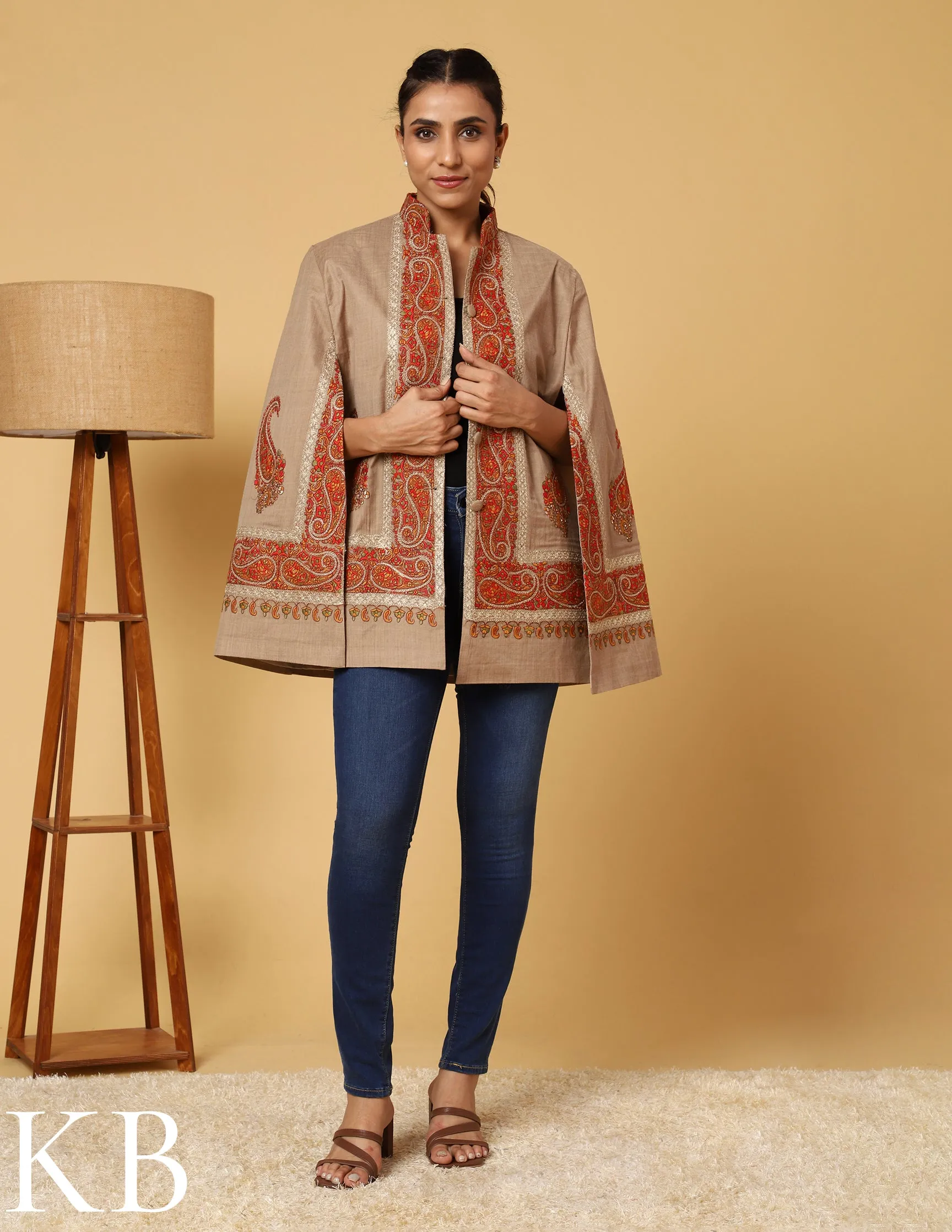 The Oxford Tan Sozni Zari Embroidered Woolen Cape Jacket