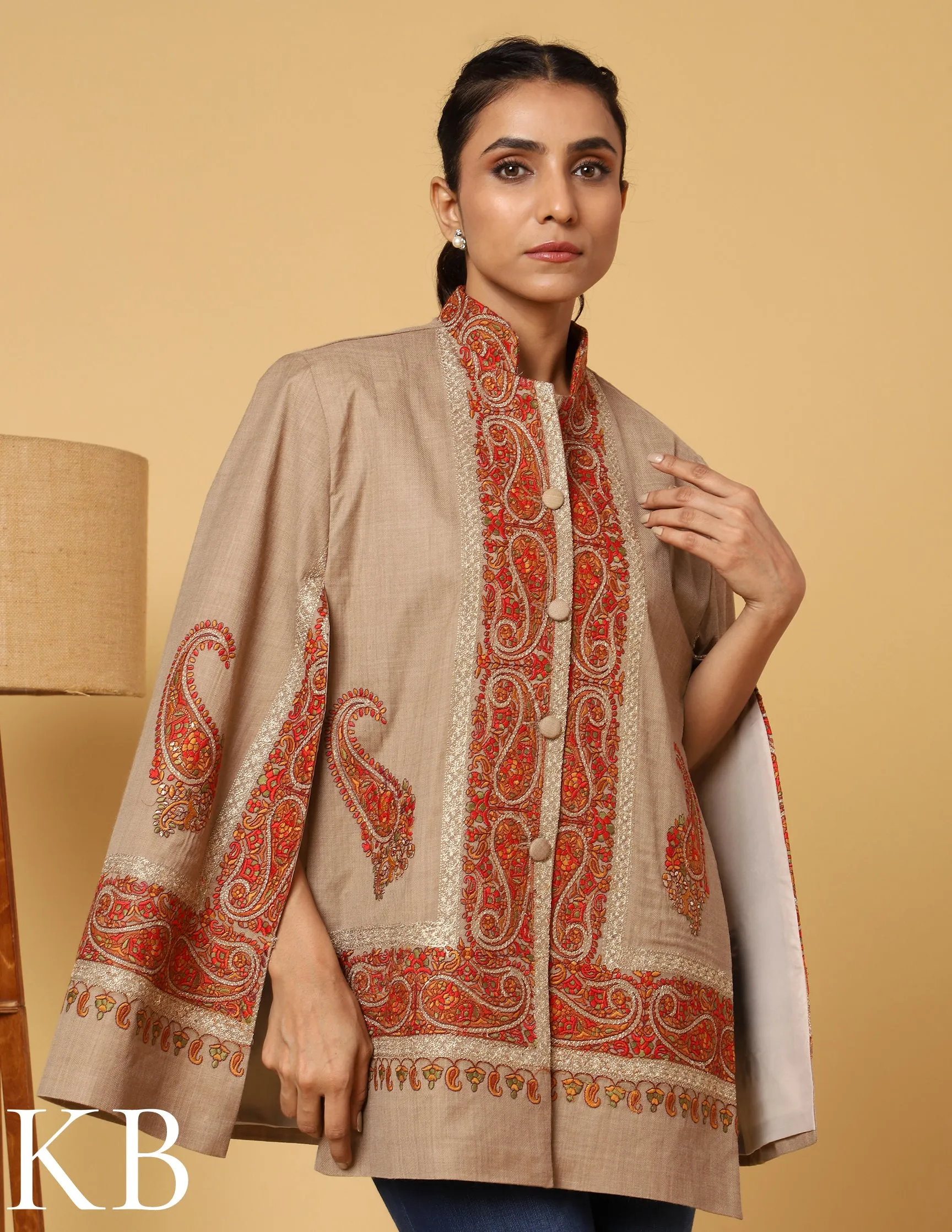 The Oxford Tan Sozni Zari Embroidered Woolen Cape Jacket