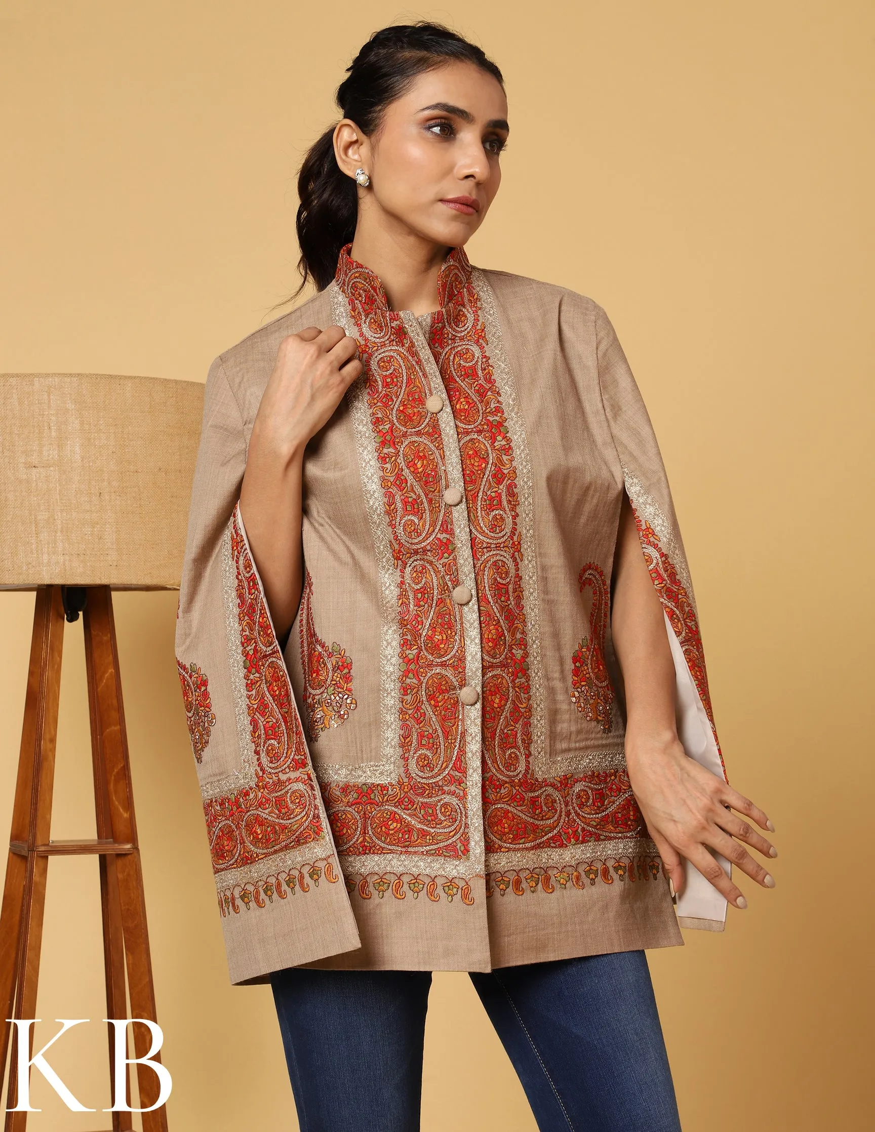 The Oxford Tan Sozni Zari Embroidered Woolen Cape Jacket