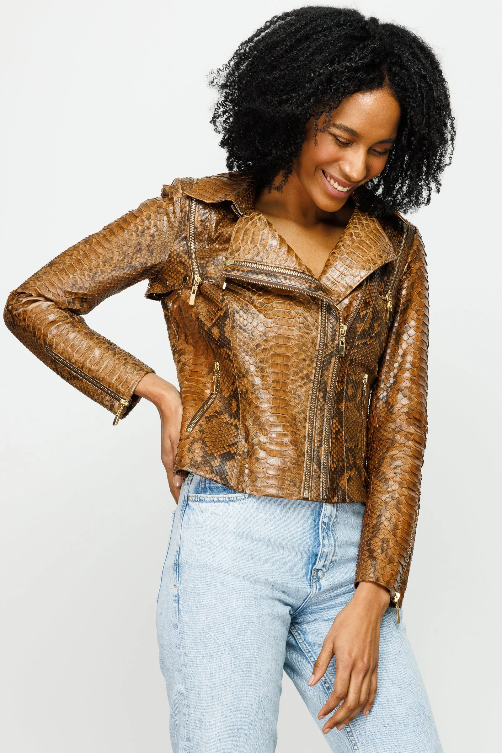 The Queen Pythn Skin Tan Leather Women Jacket