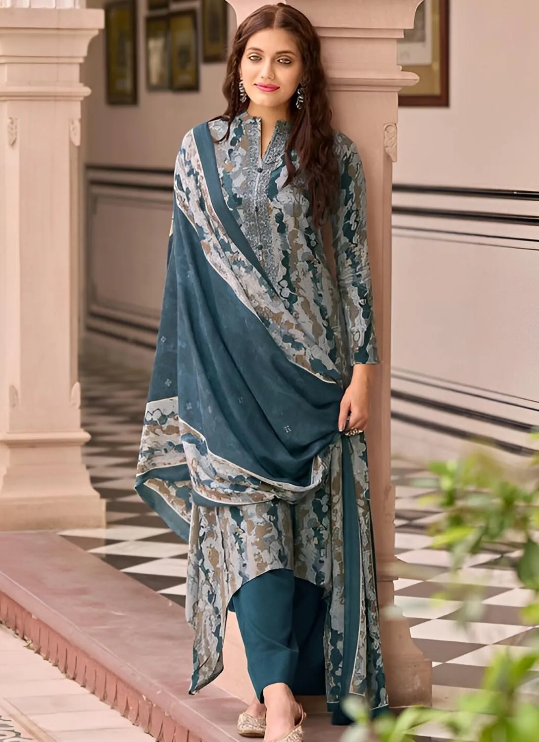 Unstitched Teal Blue Pashmina Winter Suit Dress Material for Women