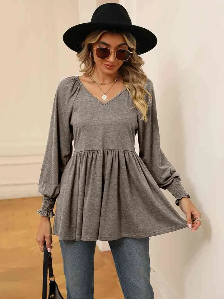 V-Neck Lantern Sleeve Blouse