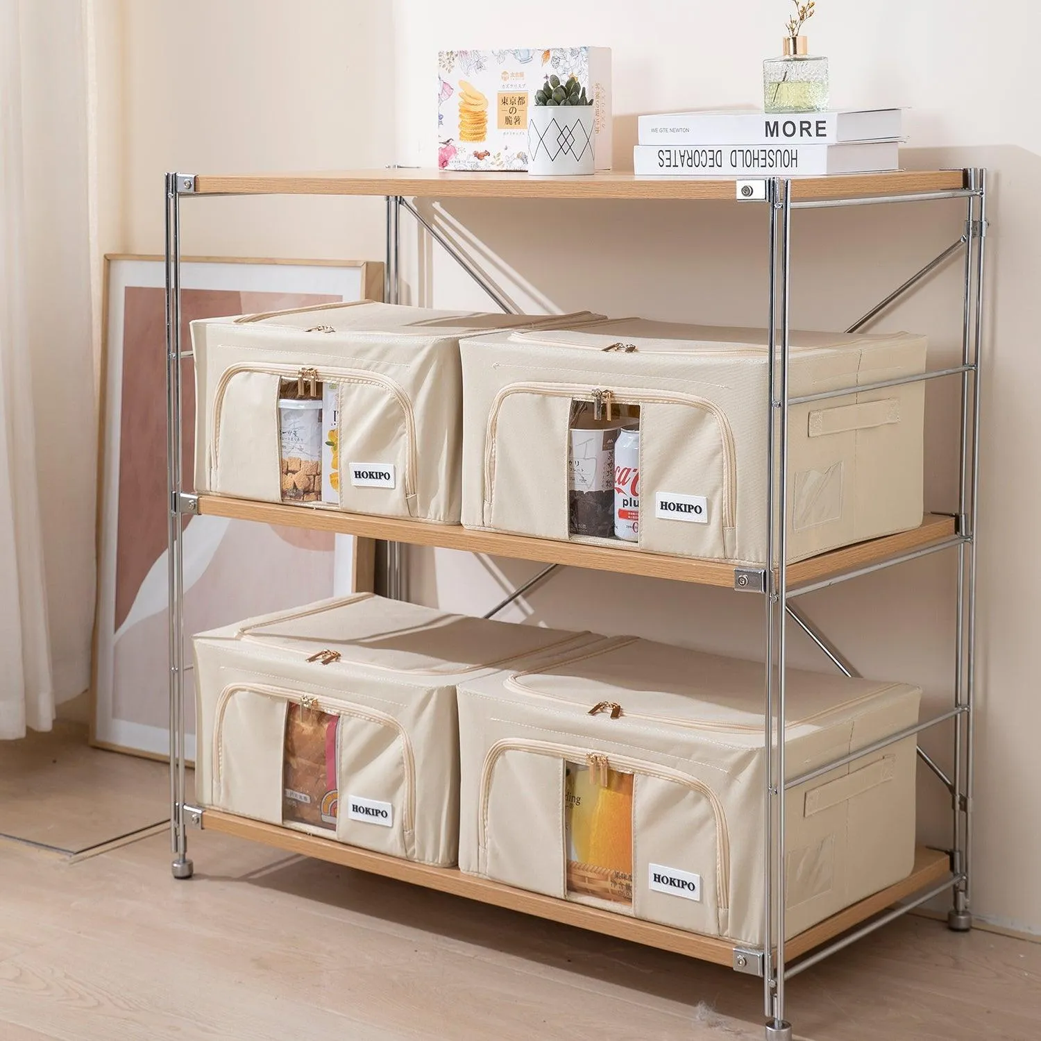 Wardrobe Organizer Zippered Cloth Storage Box, 88ltr 60x42x35cm, Beige