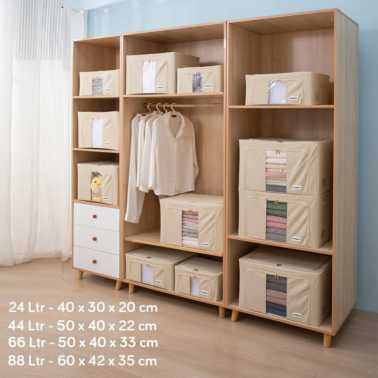 Wardrobe Organizer Zippered Cloth Storage Box, 88ltr 60x42x35cm, Beige