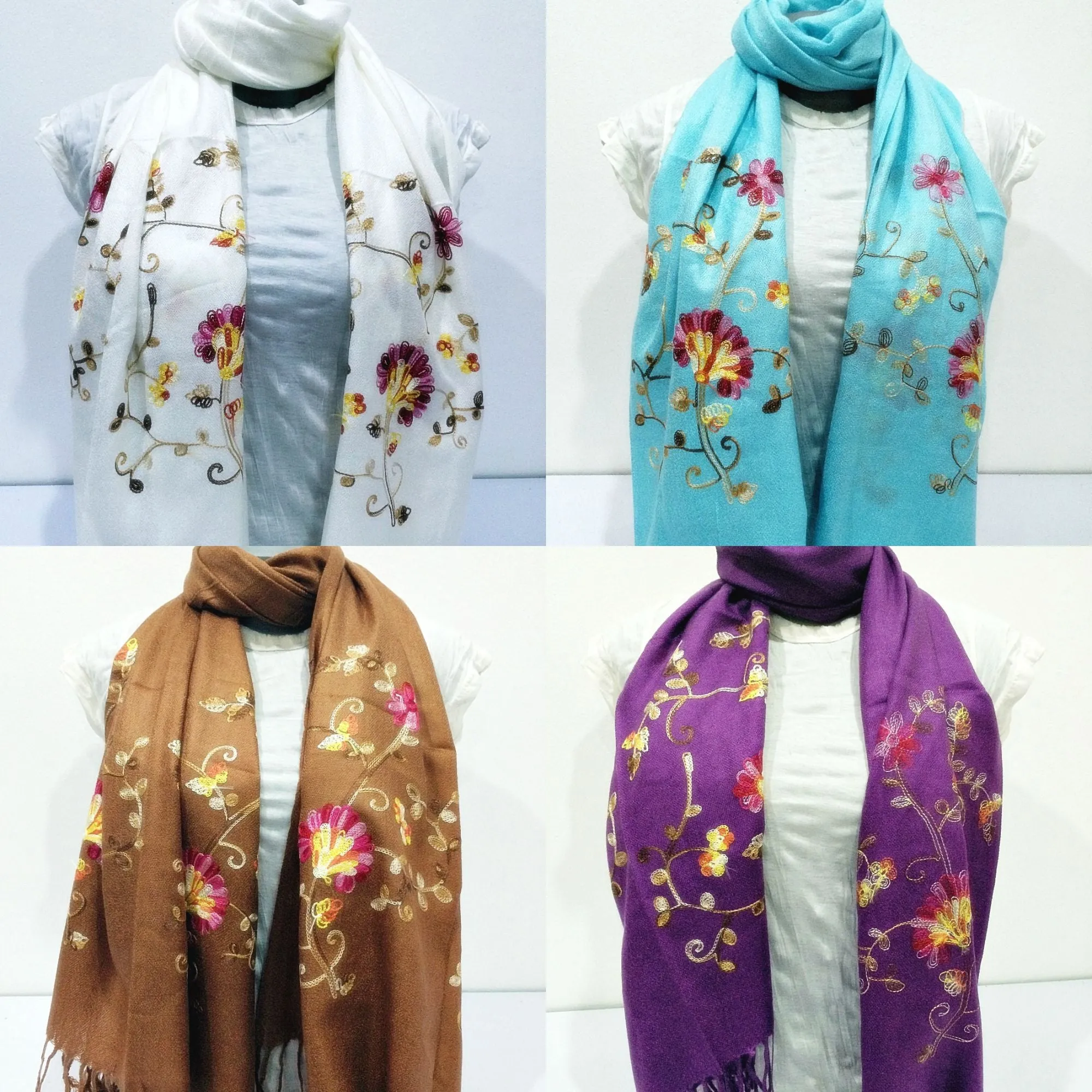 Wholesale Set of 10 Nepal Fair Trade Pashmina Scarves Shawls Embroidered