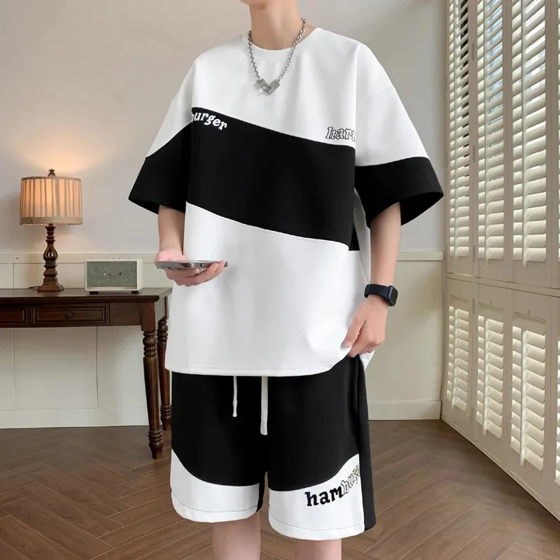 Wiaofellas  -  Summer Patchwork Tracksuit Men Shorts Sets Short Sleeve T-Shirt   Shorts 2 Piece Sets Sportswear Brand Y2k Streetwear Suit