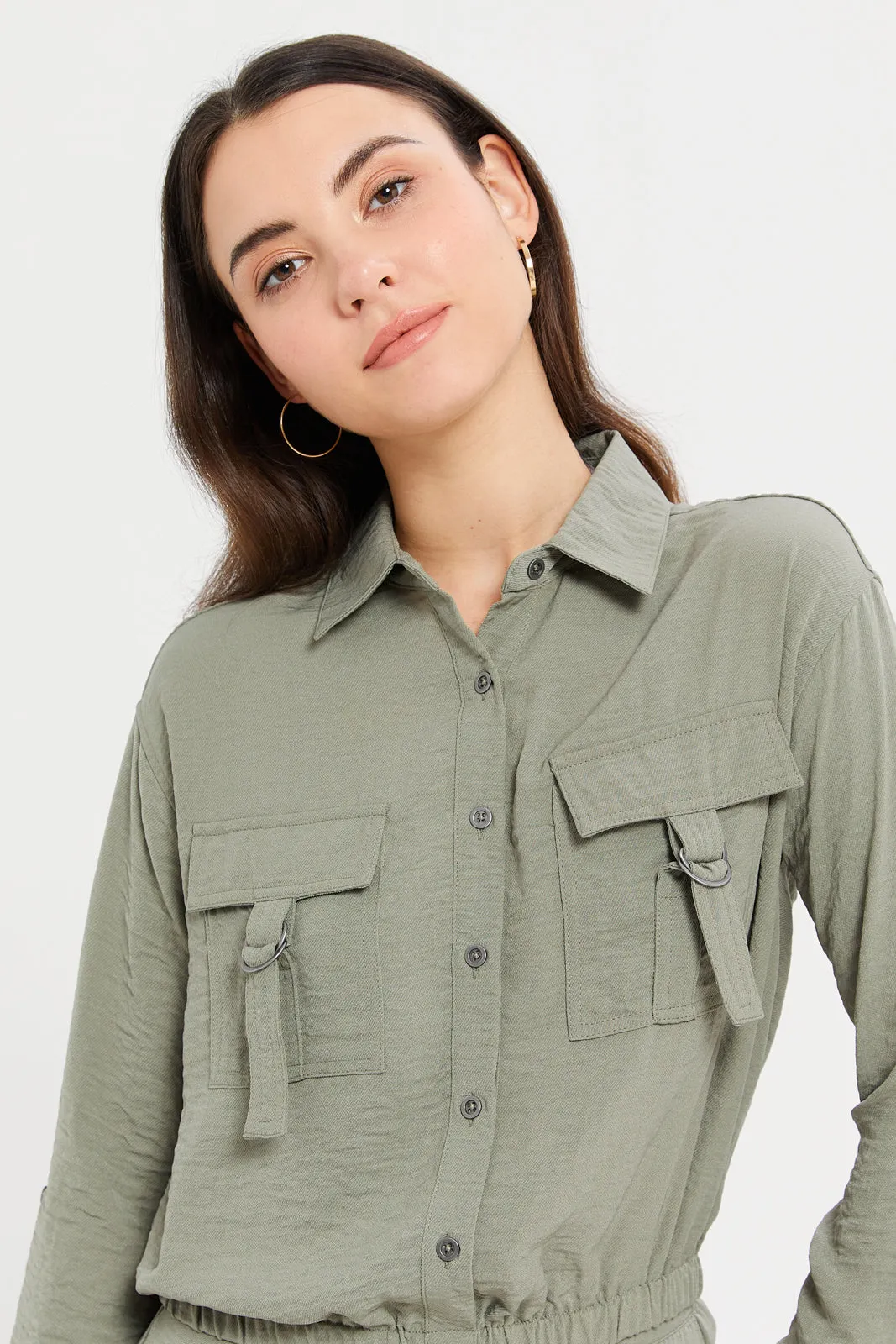 Women Green Cropped Elasticated Hem Jacket