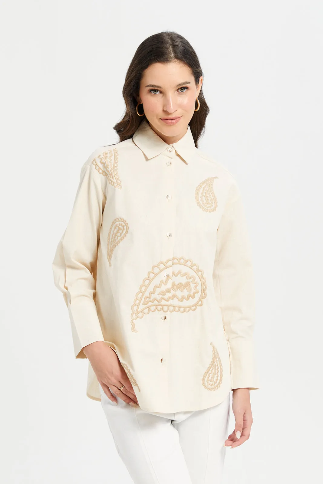 Women Ivory Embroidered Over Sized Shirt