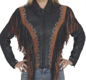 Women's Black and Brown Leather Motorcycle Jacket with Fringes