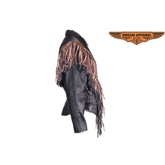 Women's Black and Brown Leather Motorcycle Jacket with Fringes